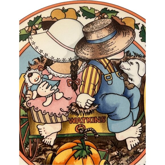 Vtg 1989 WATKINS Country Kids Pumpkin Pie Plate w/ Recipe 10.5" diameter x 2" h - Picture 5 of 11